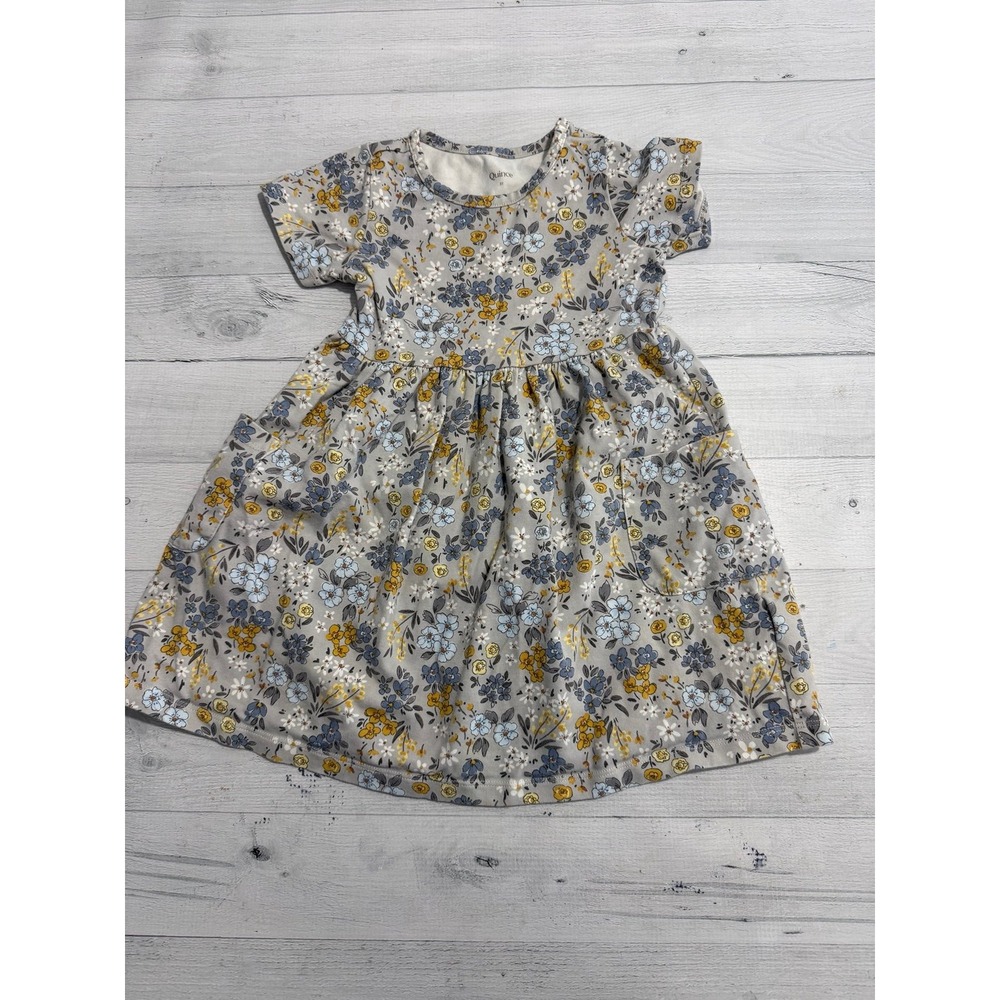 Quince organic cotton fit and flare pocket dress Grey Ditsy Floral 3T